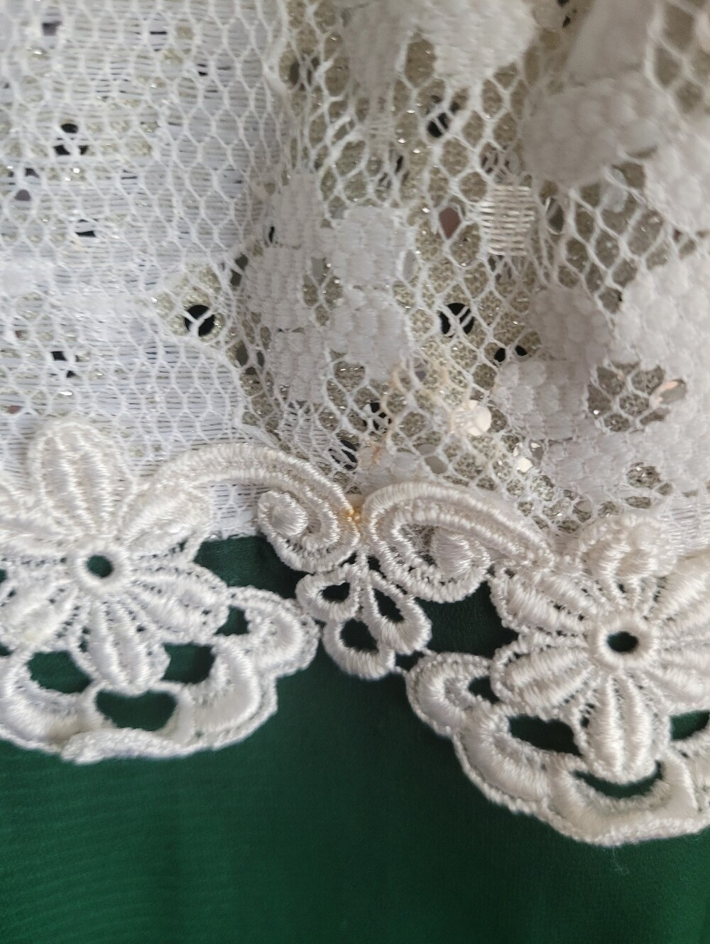 Vintage Green Chiffon Dress with Ivory Lace Bodice Size Small - Picture 5 of 12